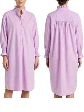 Caryn Lawn Kimberly Lilac Lavender Poplin Ruffle Neck 3/4 Sleeve Mini Dress - OS